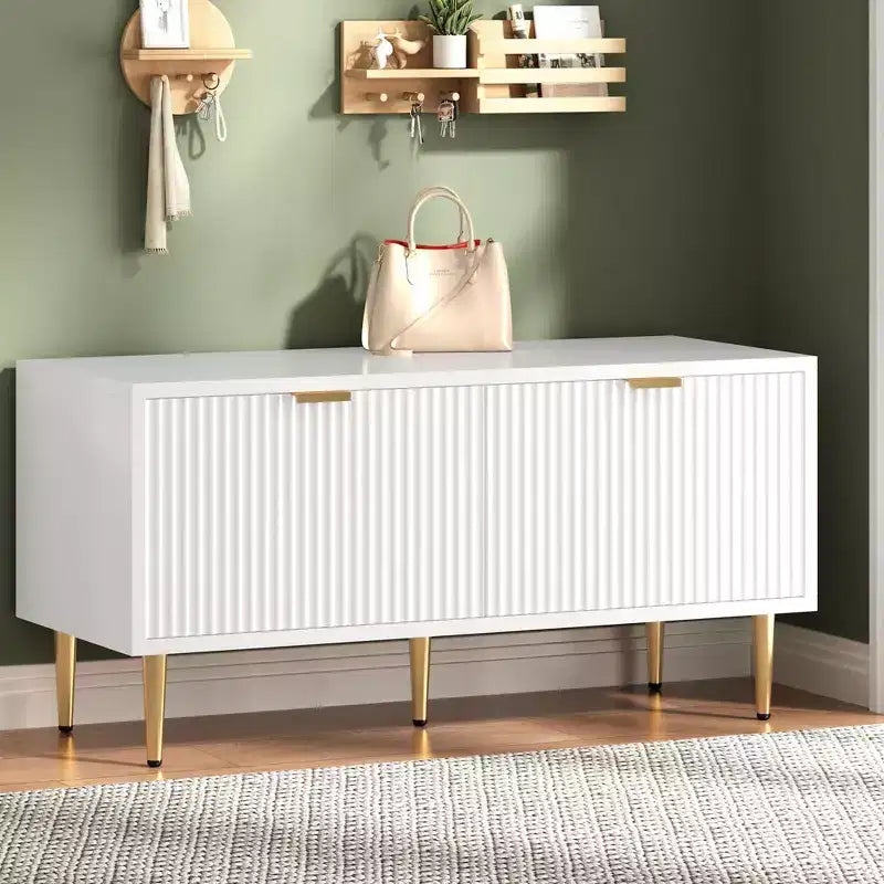 Banc à chaussures cannelé moderne COZONY 42 po avec meuble, banc à chaussures d'entrée en bois pour couloir, hall, vestibule ou porte d'entrée