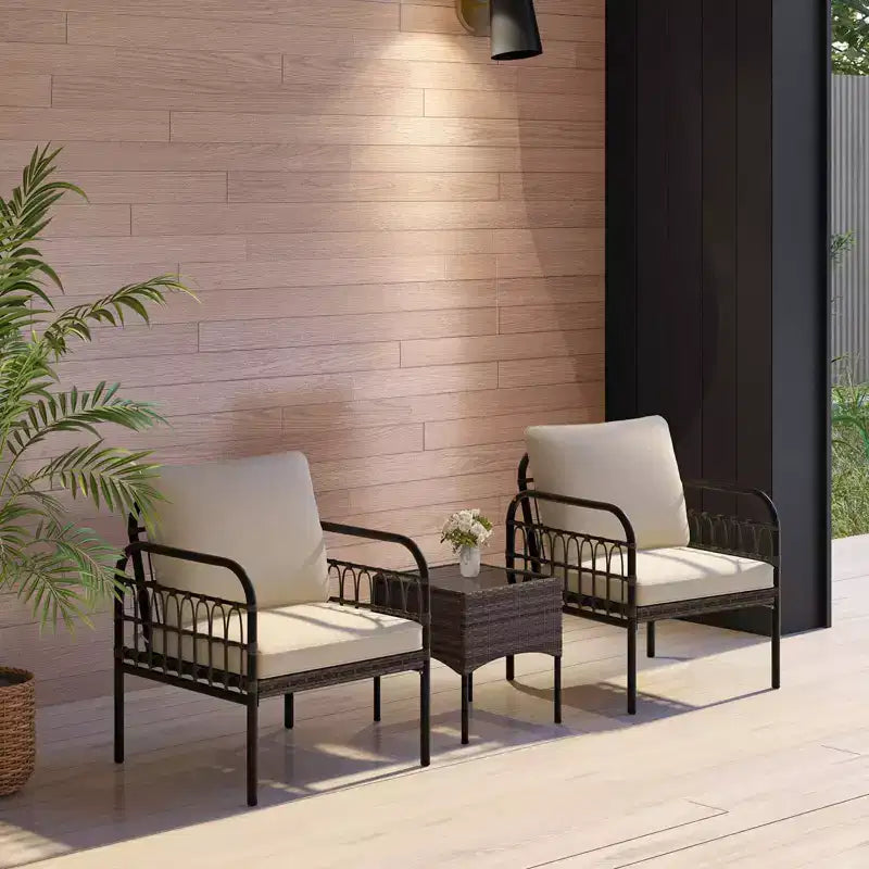 Costway Ensemble de mobilier de terrasse en rotin tressé 3 pièces, ensemble bistro de conversation d'extérieur rembourré, Marron mixte + Beige/Blanc cassé