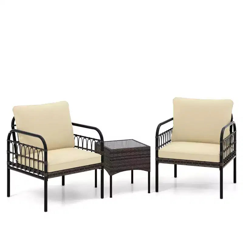 Costway Ensemble de mobilier de terrasse en rotin tressé 3 pièces, ensemble bistro de conversation d'extérieur rembourré, Marron mixte + Beige/Blanc cassé