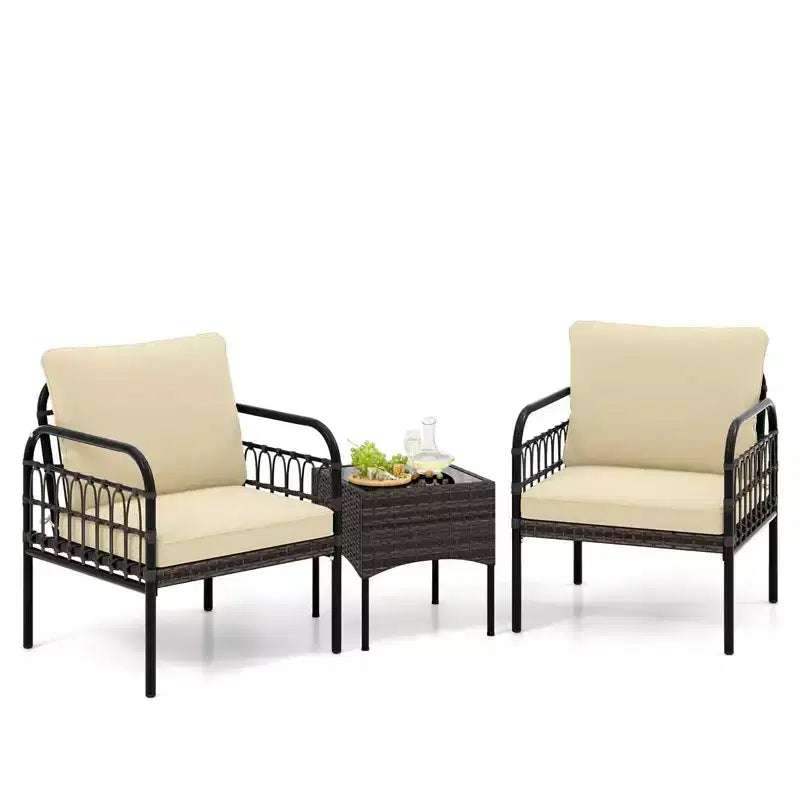 Costway Ensemble de mobilier de terrasse en rotin tressé 3 pièces, ensemble bistro de conversation d'extérieur rembourré, Marron mixte + Beige/Blanc cassé