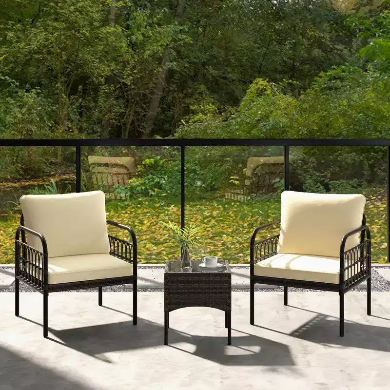 Costway Ensemble de mobilier de terrasse en rotin tressé 3 pièces, ensemble bistro de conversation d'extérieur rembourré, Marron mixte + Beige/Blanc cassé