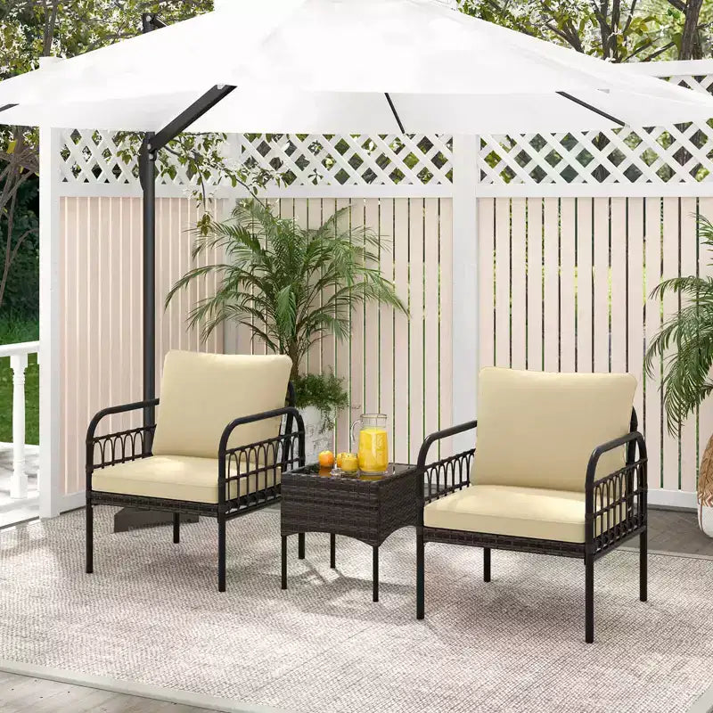 Costway Ensemble de mobilier de terrasse en rotin tressé 3 pièces, ensemble bistro de conversation d'extérieur rembourré, Marron mixte + Beige/Blanc cassé
