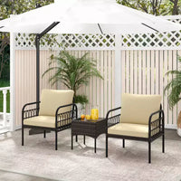 Costway Ensemble de mobilier de terrasse en rotin tressé 3 pièces, ensemble bistro de conversation d'extérieur rembourré, Marron mixte + Beige/Blanc cassé