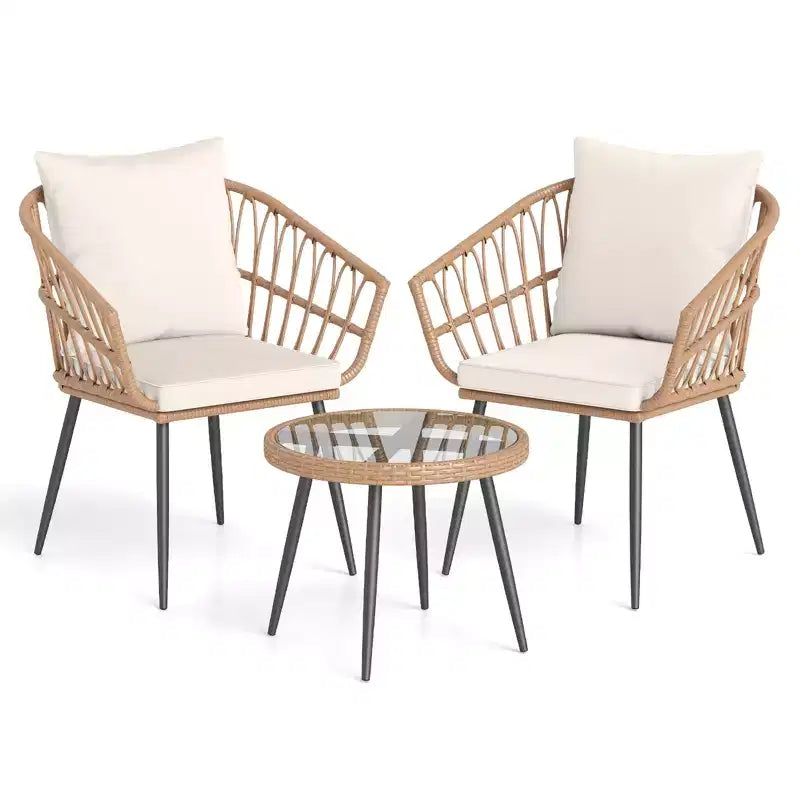 Costway Ensemble bistro de terrasse 3 pièces avec coussins moelleux, table basse en verre trempé et cadre en métal