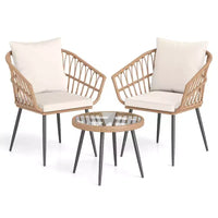 Costway Ensemble bistro de terrasse 3 pièces avec coussins moelleux, table basse en verre trempé et cadre en métal