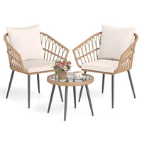 Costway Ensemble bistro de terrasse 3 pièces avec coussins moelleux, table basse en verre trempé et cadre en métal
