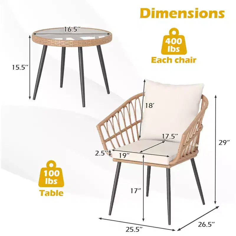 Costway Ensemble bistro de terrasse 3 pièces avec coussins moelleux, table basse en verre trempé et cadre en métal
