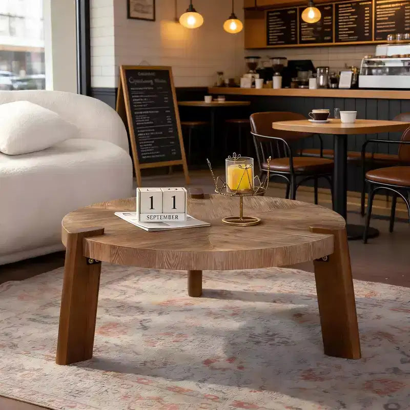 JVNOXK table basse ronde à chevrons 36.61, table d'appoint rustique en bois massif et MDF avec pieds fuselés, finition bois patiné naturel pour salon