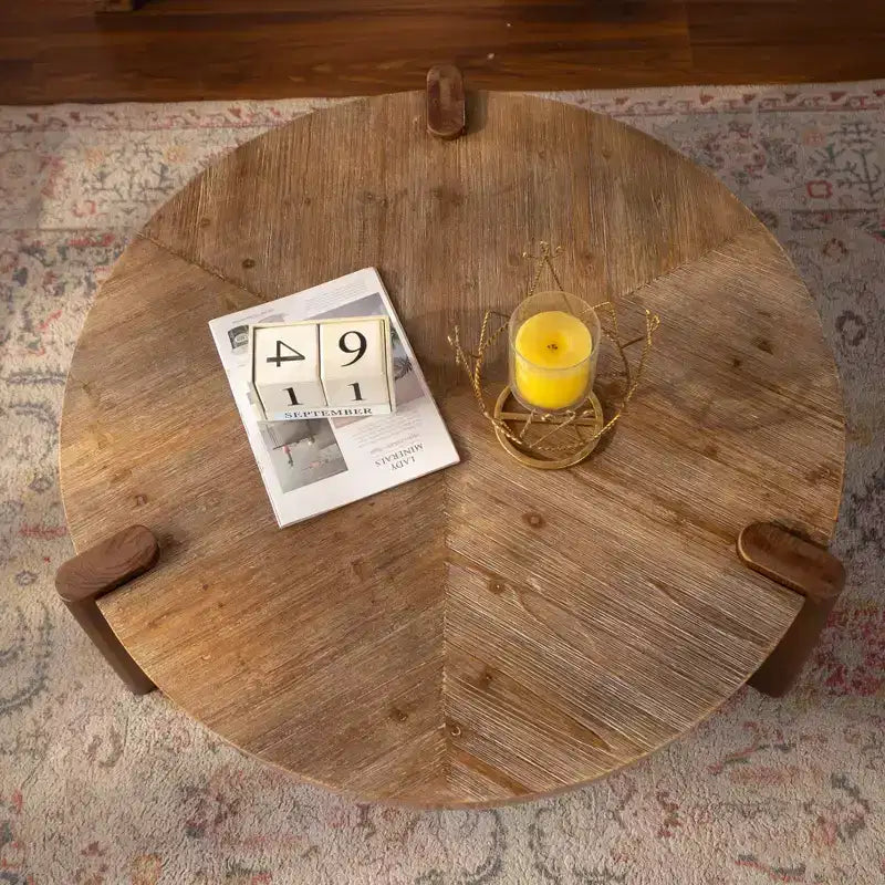 JVNOXK table basse ronde à chevrons 36.61, table d'appoint rustique en bois massif et MDF avec pieds fuselés, finition bois patiné naturel pour salon