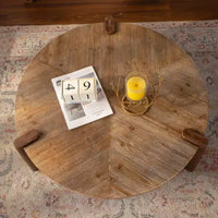 JVNOXK table basse ronde à chevrons 36.61, table d'appoint rustique en bois massif et MDF avec pieds fuselés, finition bois patiné naturel pour salon