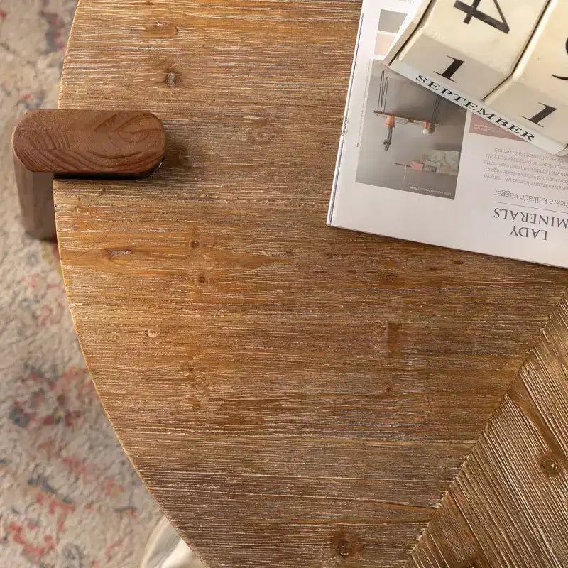 JVNOXK table basse ronde à chevrons 36.61, table d'appoint rustique en bois massif et MDF avec pieds fuselés, finition bois patiné naturel pour salon