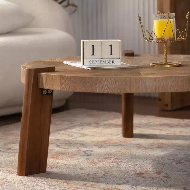 JVNOXK table basse ronde à chevrons 36.61, table d'appoint rustique en bois massif et MDF avec pieds fuselés, finition bois patiné naturel pour salon