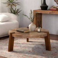 JVNOXK table basse ronde à chevrons 36.61, table d'appoint rustique en bois massif et MDF avec pieds fuselés, finition bois patiné naturel pour salon