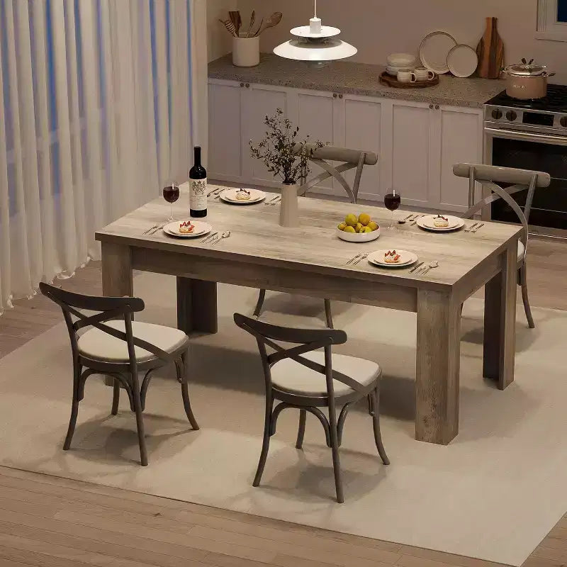 Table de salle à manger rectangulaire rustique pour 4-8, grande table de cuisine et salle à manger style farmhouse 63/71, pieds triangulaires renforcés, plateau en bois pour appartements