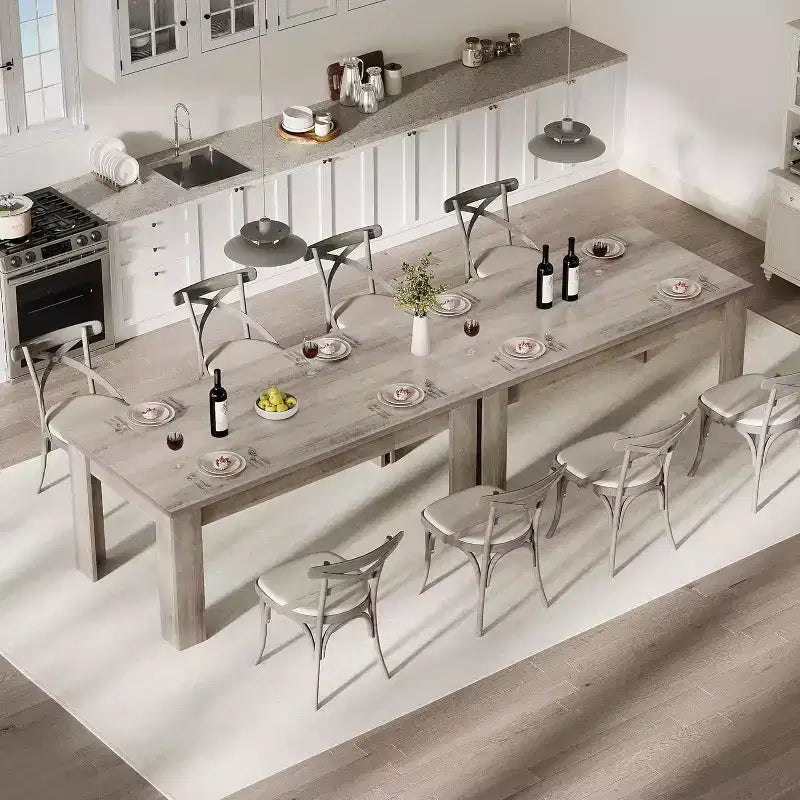 Table de salle à manger rectangulaire rustique pour 4-8, grande table de cuisine et salle à manger style farmhouse 63/71, pieds triangulaires renforcés, plateau en bois pour appartements