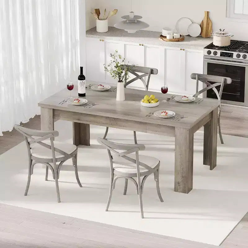 Table de salle à manger rectangulaire rustique pour 4-8, grande table de cuisine et salle à manger style farmhouse 63/71, pieds triangulaires renforcés, plateau en bois pour appartements