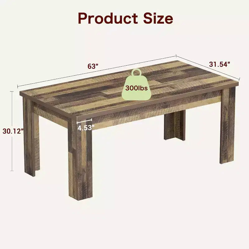 Table de salle à manger rectangulaire rustique pour 4-8, grande table de cuisine et salle à manger style farmhouse 63/71, pieds triangulaires renforcés, plateau en bois pour appartements