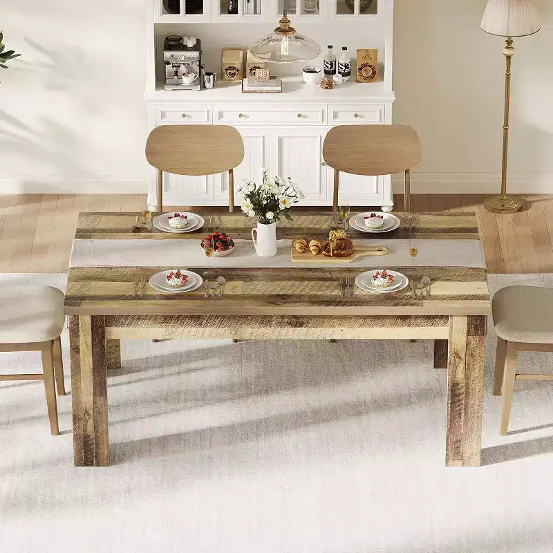 Table de salle à manger rectangulaire rustique pour 4-8, grande table de cuisine et salle à manger style farmhouse 63/71, pieds triangulaires renforcés, plateau en bois pour appartements