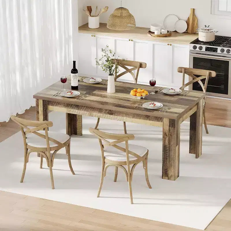Table de salle à manger rectangulaire rustique pour 4-8, grande table de cuisine et salle à manger style farmhouse 63/71, pieds triangulaires renforcés, plateau en bois pour appartements