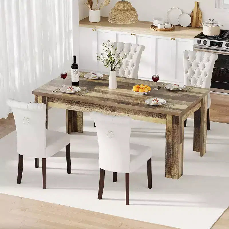 Table de salle à manger rectangulaire rustique pour 4-8, grande table de cuisine et salle à manger style farmhouse 63/71, pieds triangulaires renforcés, plateau en bois pour appartements