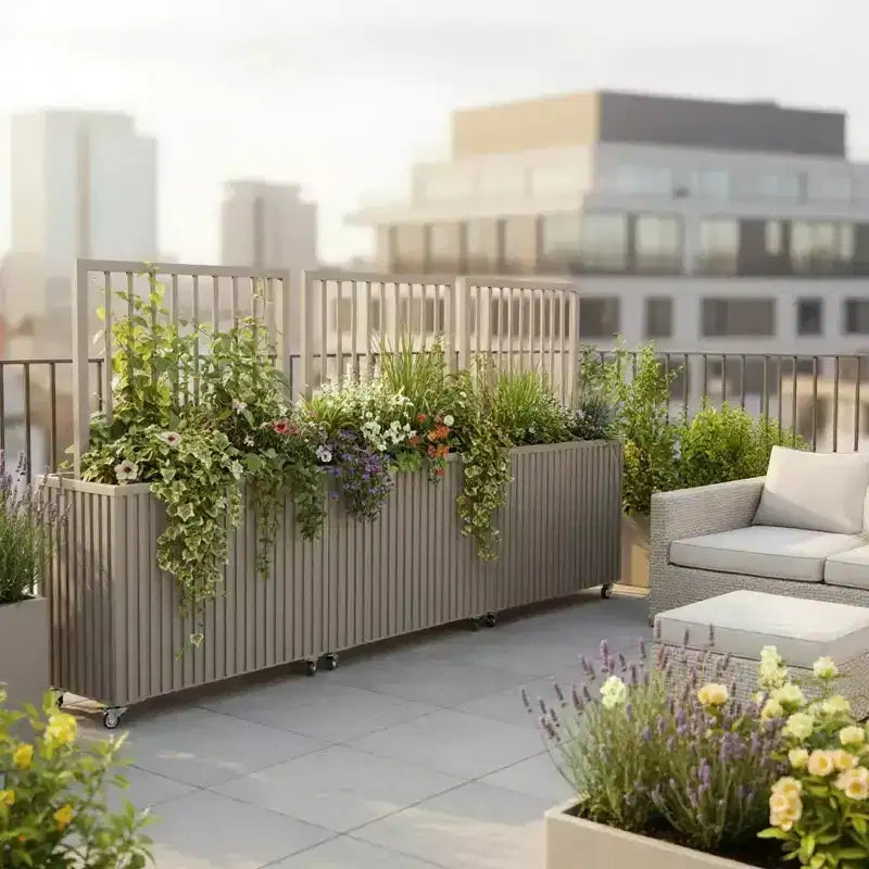 Jardinière cloison en aluminium gris-brun moderne pour espaces intérieurs et extérieurs, jardinière d'intimité avec drainage et finition durable