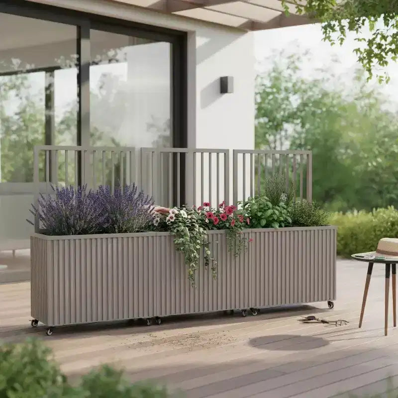 Jardinière cloison en aluminium gris-brun moderne pour espaces intérieurs et extérieurs, jardinière d'intimité avec drainage et finition durable