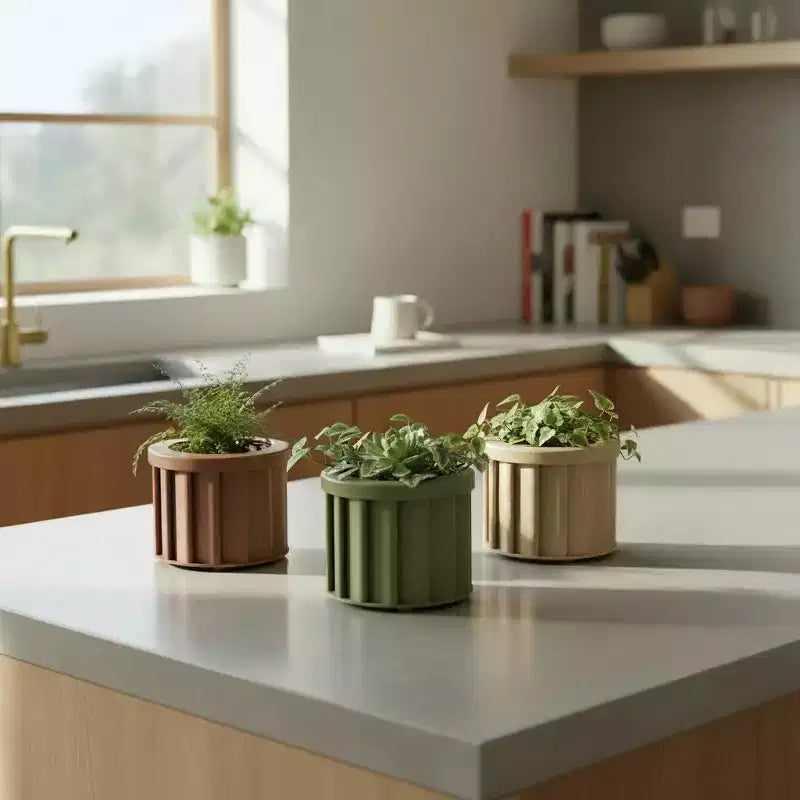 Jardinière ronde moderne en aluminium brun cendre, petite, pour interieur et extérieur, pot de fleurs texture avec drainage et finition durable