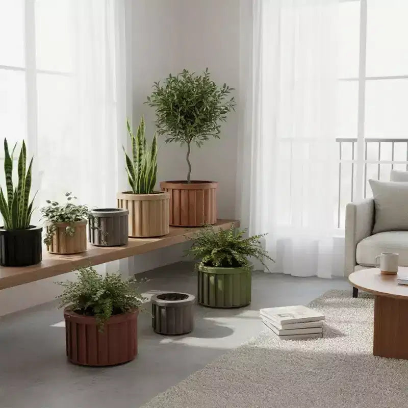 Jardinière ronde moderne en aluminium brun cendre, petite, pour interieur et extérieur, pot de fleurs texture avec drainage et finition durable