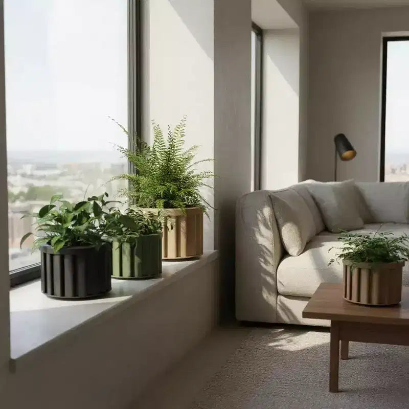 Jardinière ronde moderne en aluminium brun cendre, petite, pour interieur et extérieur, pot de fleurs texture avec drainage et finition durable