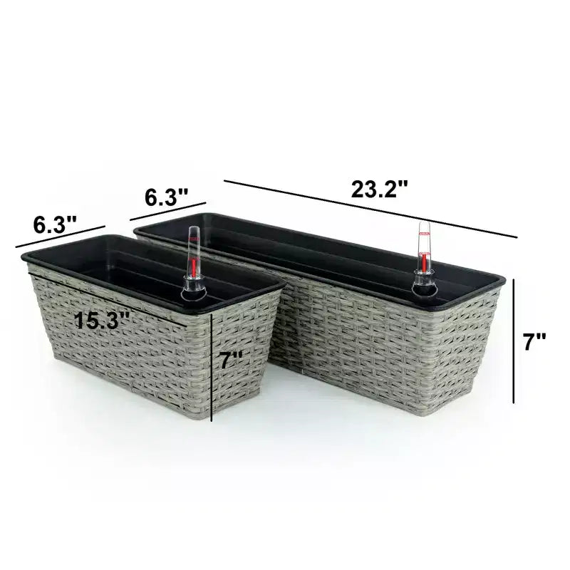 Lot de 2 jardinières rectangulaires grises en osier à arrosage automatique pour interieur/extérieur, pot de fleurs avec reservoir, drainage et design tout temps