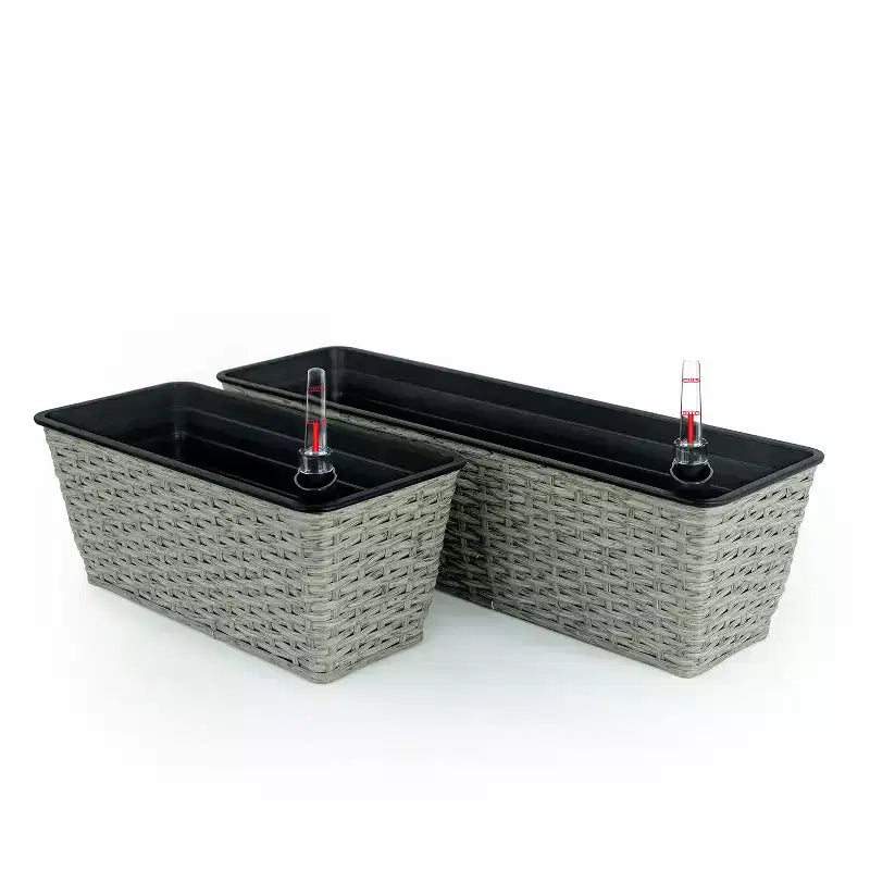 Lot de 2 jardinières rectangulaires grises en osier à arrosage automatique pour interieur/extérieur, pot de fleurs avec reservoir, drainage et design tout temps
