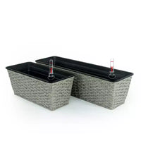 Lot de 2 jardinières rectangulaires grises en osier à arrosage automatique pour interieur/extérieur, pot de fleurs avec reservoir, drainage et design tout temps