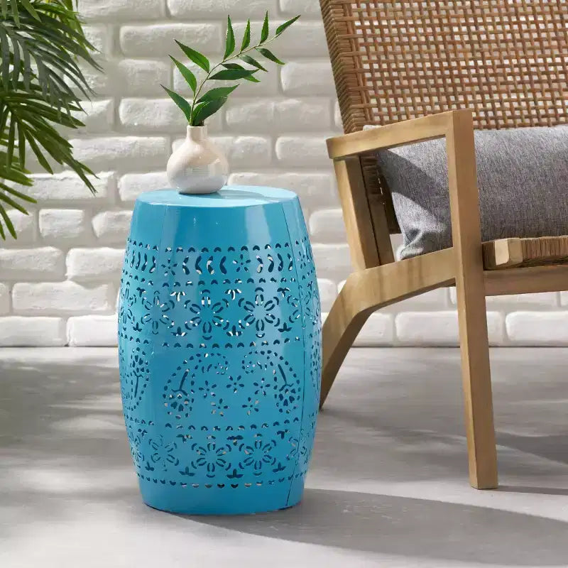 Table d'appoint en metal d'extérieur et d'interieur avec design ajoure en dentelle, table d'appoint tonneau pour patio, jardin et salon, sans montage requis - Panipeachy