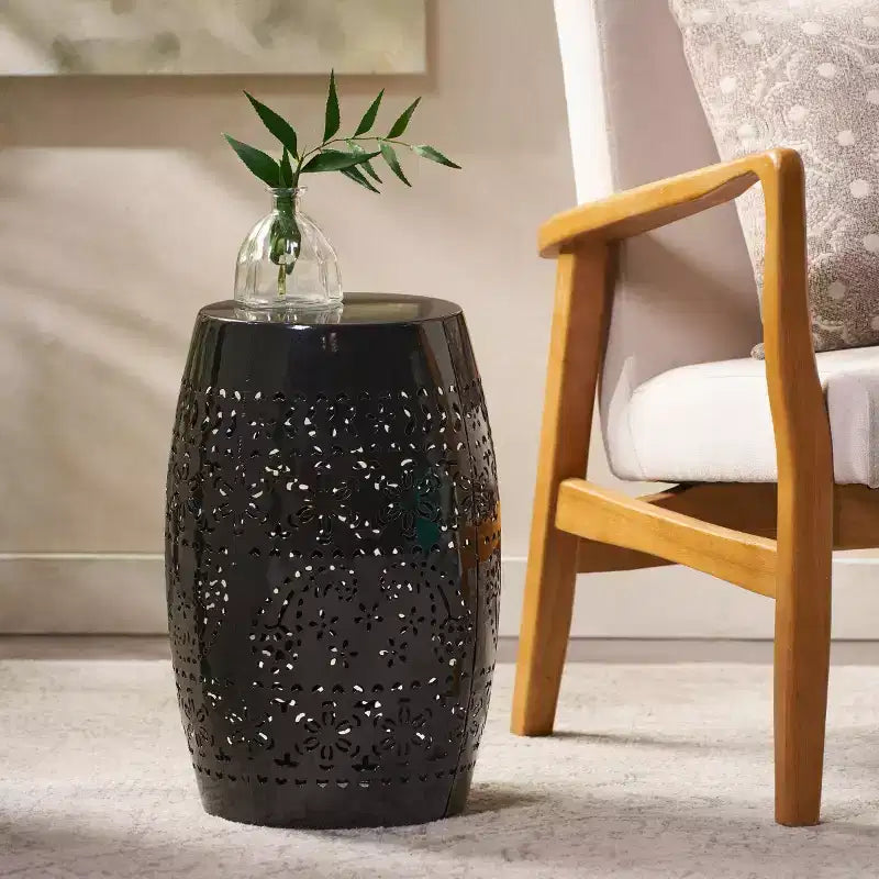 Table d'appoint en metal d'extérieur et d'interieur avec design ajoure en dentelle, table d'appoint tonneau pour patio, jardin et salon, sans montage requis - Panipeachy