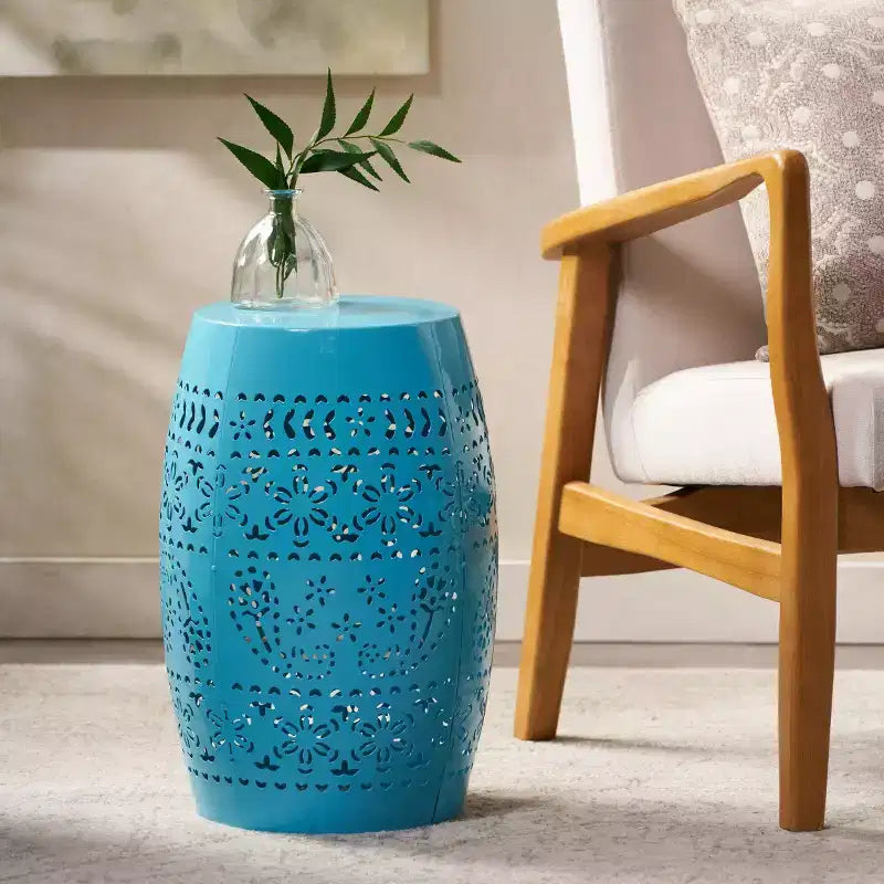 Table d'appoint en metal d'extérieur et d'interieur avec design ajoure en dentelle, table d'appoint tonneau pour patio, jardin et salon, sans montage requis - Panipeachy
