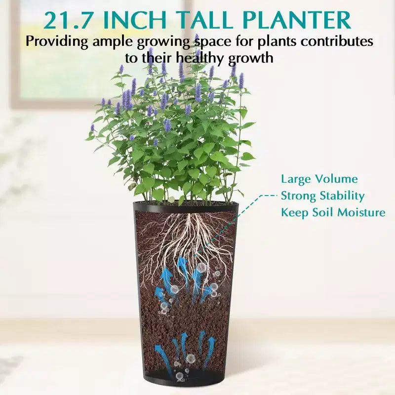 Lot de 2 jardinières carrées hautes noires pour plantes d'extérieur, pots de fleurs modernes fuselés pour porche, patio, entrée et décoration intérieure