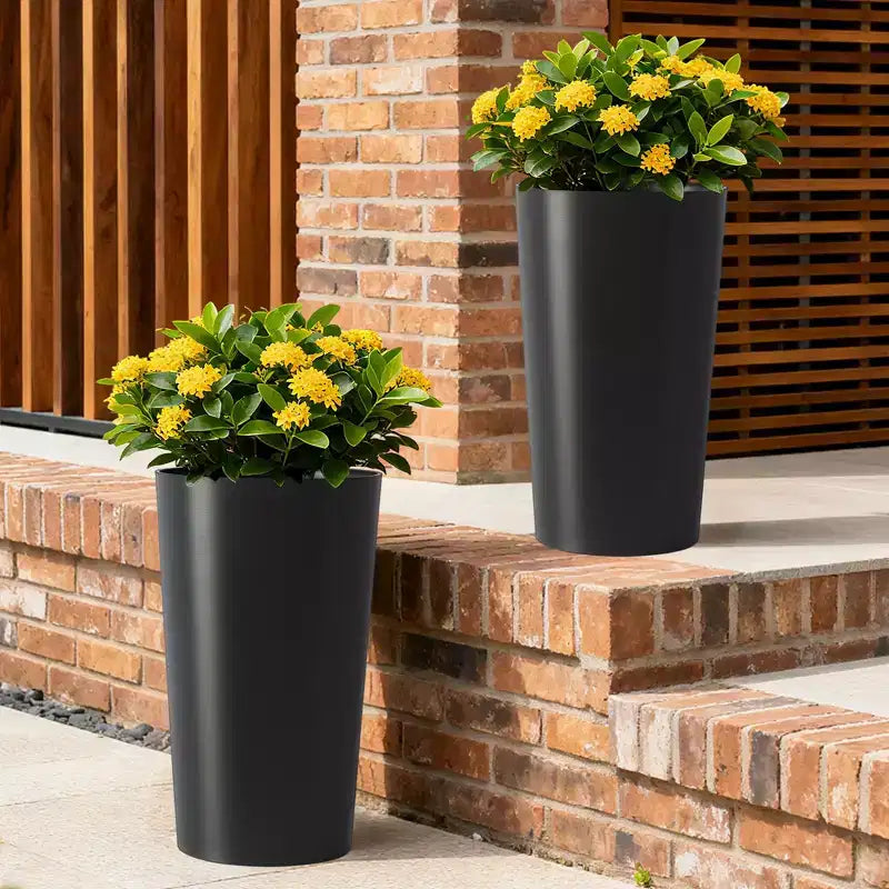 Lot de 2 jardinières carrées hautes noires pour plantes d'extérieur, pots de fleurs modernes fuselés pour porche, patio, entrée et décoration intérieure