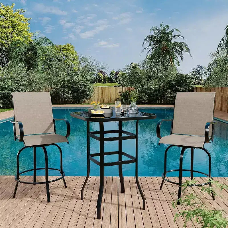 Ensemble de 2 tabourets de bar de jardin hauteur comptoir, chaises de patio extérieures pivotantes à 360° avec accoudoirs et dossier haut, sièges de bar en textilène respirant pour terrasse