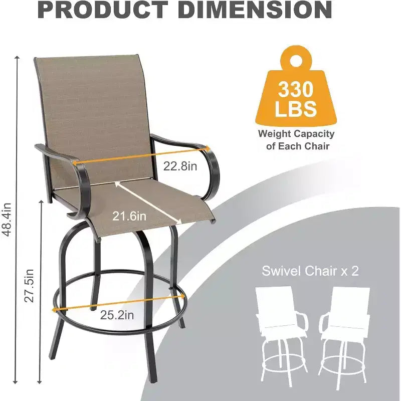 Tabourets de bar de jardin hauteur comptoir, lot de 2, chaises de terrasse extérieures pivotantes à 360° avec accoudoirs et dossier haut, assise de bar en maille textilène respirante pour terrasse