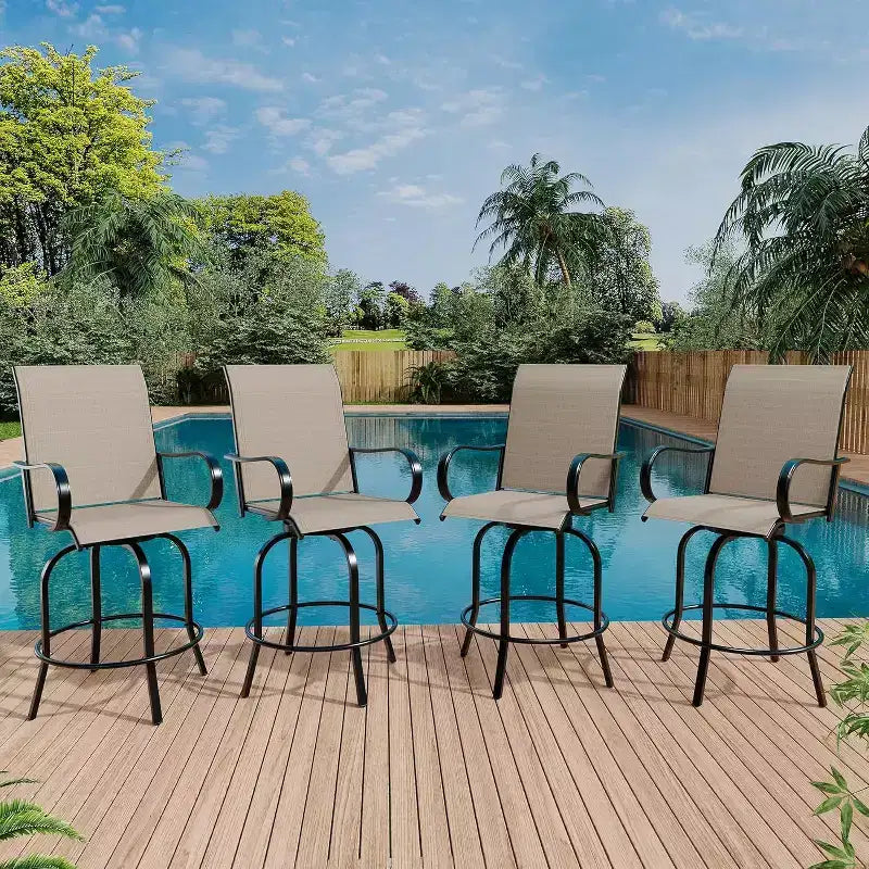 Tabourets de bar de jardin hauteur comptoir, lot de 2, chaises de terrasse extérieures pivotantes à 360° avec accoudoirs et dossier haut, assise de bar en maille textilène respirante pour terrasse