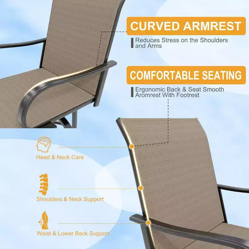 Tabourets de bar de jardin hauteur comptoir, lot de 2, chaises de terrasse extérieures pivotantes à 360° avec accoudoirs et dossier haut, assise de bar en maille textilène respirante pour terrasse