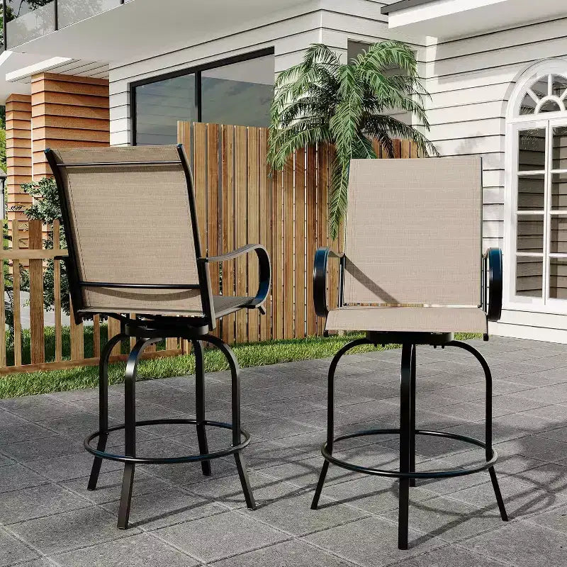 Tabourets de bar de jardin hauteur comptoir, lot de 2, chaises de terrasse extérieures pivotantes à 360° avec accoudoirs et dossier haut, assise de bar en maille textilène respirante pour terrasse