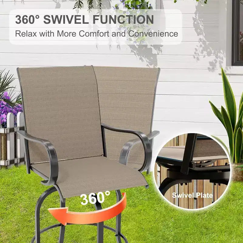 Tabourets de bar de jardin hauteur comptoir, lot de 2, chaises de terrasse extérieures pivotantes à 360° avec accoudoirs et dossier haut, assise de bar en maille textilène respirante pour terrasse