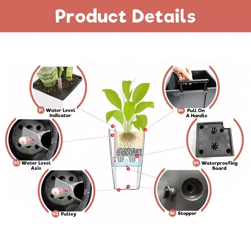 Jardinière à arrosage automatique brune 30 po de haut pour usage extérieur/interieur, grand pot de fleurs en faux rotin avec moniteur d'eau et seau interieur