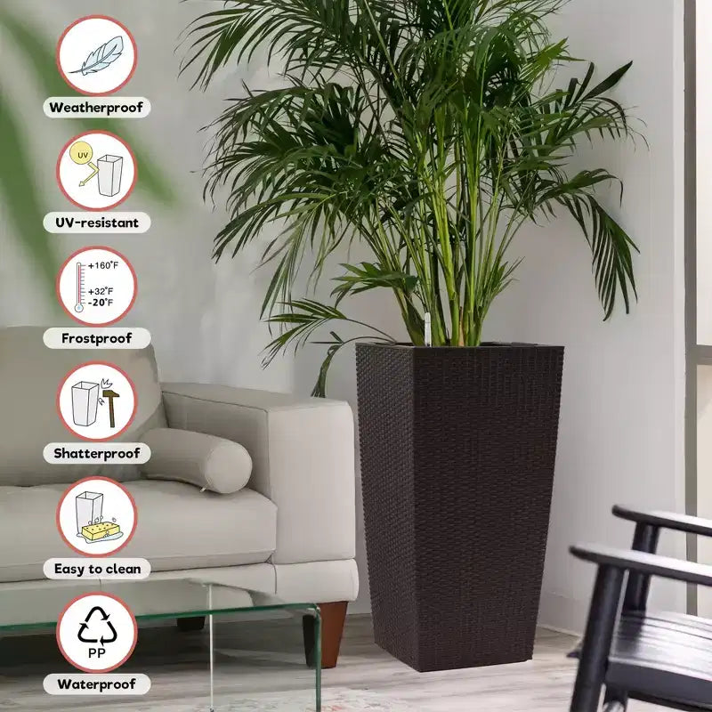 Jardinière auto-irrigante de 76 cm de haut, marron, pour l'extérieur et l'intérieur, grand pot de fleurs en faux rotin avec indicateur de niveau d'eau et seau intérieur