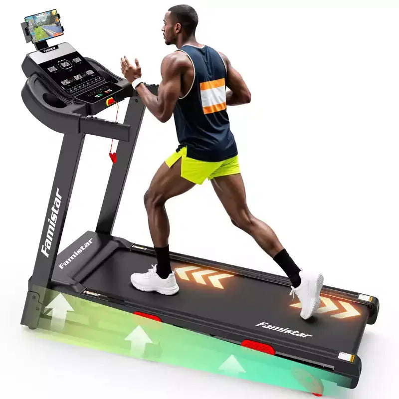 Tapis roulant domestique avec double moteur 3,5 CV sans balais, tapis roulant pliable avec inclinaison manuelle de 6 %, 14,5 km/h, capacité de 159 kg, bande de roulement de 43 cm de large