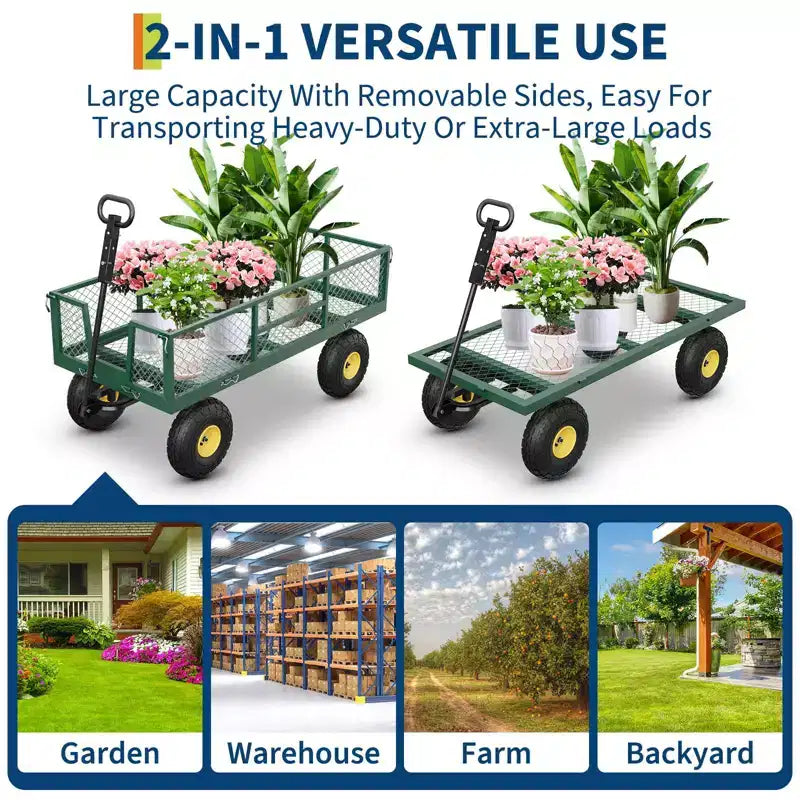 Chariot de jardin robuste 900 LBS - chariot utilitaire à 10 pneus pneumatiques avec côtes amovibles (1 pièce)