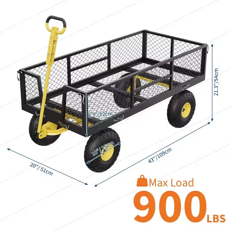 Chariot de jardin robuste 900 LBS - chariot utilitaire à 10 pneus pneumatiques avec côtes amovibles (1 pièce)