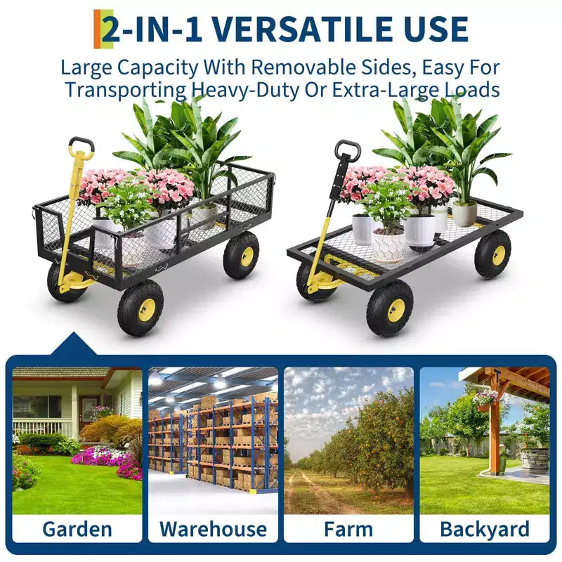 Chariot de jardin robuste 900 LBS - chariot utilitaire à 10 pneus pneumatiques avec côtes amovibles (1 pièce)