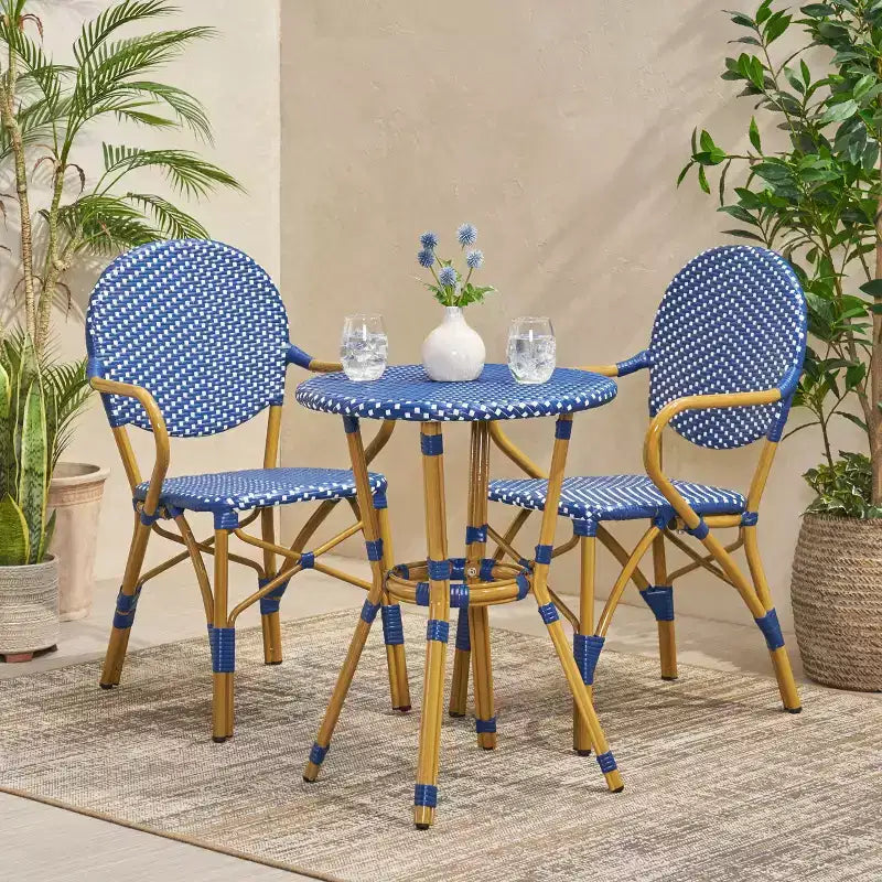 GDFStudio Catalina Ensemble bistro français moderne d'extérieur 3 pièces en aluminium au design imitation rotin et table ronde
